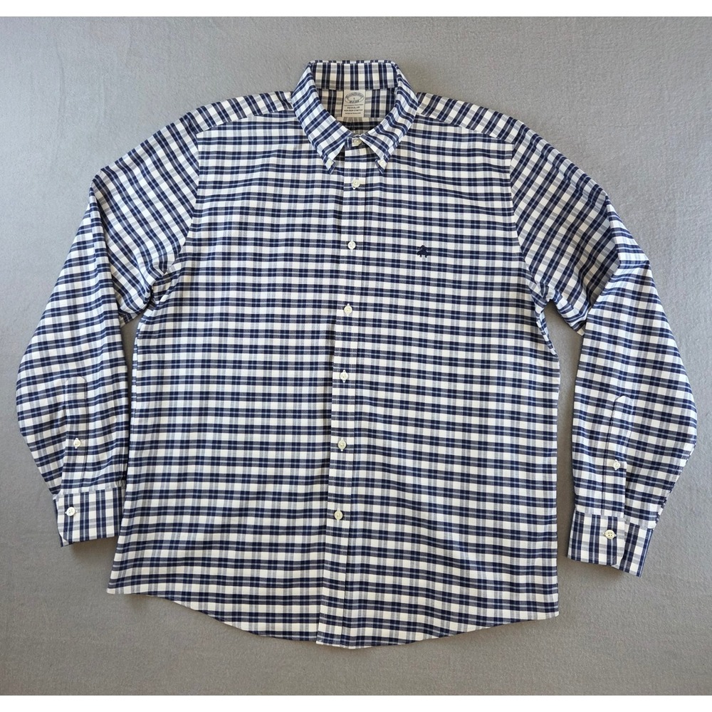 Brooks Brothers Regular Fit Non-Iron Stretch Gingham Shirt Men's L Navy White - Picture 10 of 10